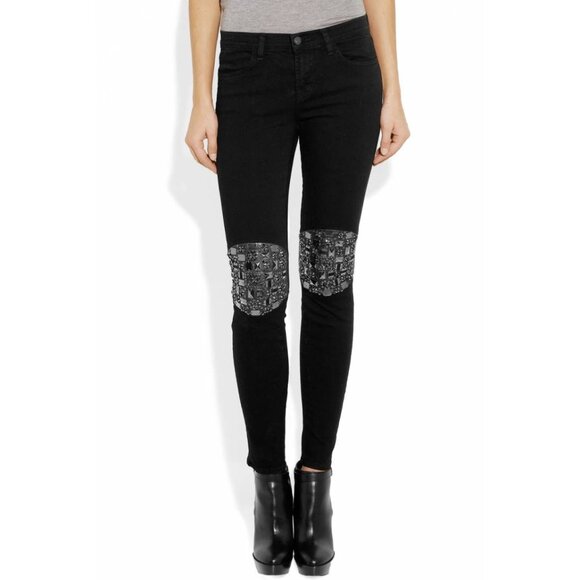 J Brand Dusk Knee-Embellished Leather-Paneled Mid-Rise Skinny Jeans - Picture 1 of 14